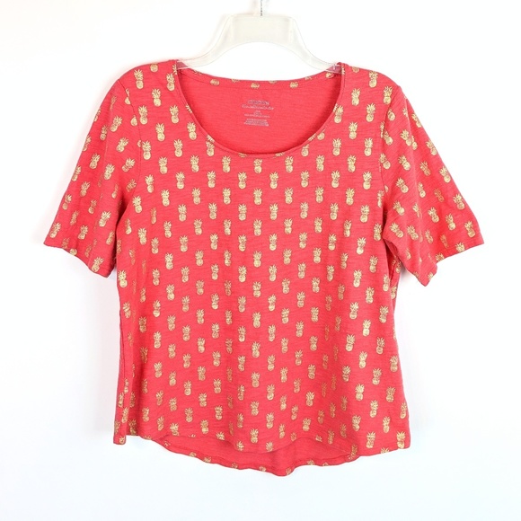 🍍CHICO’S Coral & Gold Metallic Pineapple Slub Knit Tee Chico's 1 - Picture 2 of 8